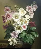 Hollyhocks No.1 by Bennett Oates, oil on board, sold Jun 2022