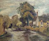 River landscape with house and treesoil by Ronald Ossory Dunlop, oil on canvas board, sold Jun 2022