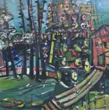 Stylised landscape with figures on a balconyoil on by Jacob Bornfriend, oil on board, sold Jun 2022