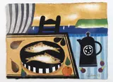 Tabletop still life with a coastal view beyondwatercoloursigned and by Mary Fedden, watercolour, sold Jun 2022