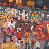 Night Life' oil on canvas signed with Studio sale stamp verso 59 x 59cm Oil on original canvas with heavy impasto paint, in good untouched condition by Fred Yates, oil on canvas, sold Jun 2022