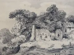 Cottage and trees in a landscape and Tree and fence in a by Thomas Munro, charcoal and wash, offered Jun 2022