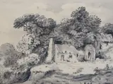 Cottage and trees in a landscape and Tree and fence in a by Thomas Munro, charcoal and wash, offered Jun 2022