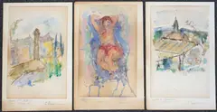 Reclining nude and studies of buildings by George Bouzianis, 1954, watercolor, sold Jun 2022