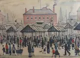 Market scene in a Northern Townlithographsigned in by L. S. Lowry, lithograph, sold Jun 2022