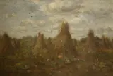 Cornstacks and pumpkins in a field by E. H. Holmes, 1880, oil on canvas, sold Jun 2022