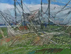 Salmon Nets No.7' oil on canvas signed and dated 1988, Royal Academy Summer Exhibition 1990 label verso 114 x 146cm by Peter Coker, 1988, oil on canvas, sold Jun 2022