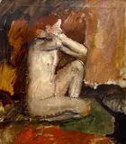 Crouching nude, inscribed verso, ex Collection Roger Shantz, 61 x 51.5cm by Ethel Walker, oil on canvas, sold Jun 2022