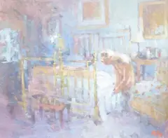 Bedroom interior with female nude, initialled and dated '91, 25 x 30cm by Mark Rowbotham, oil on board, sold Jun 2022