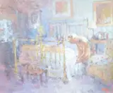 Bedroom interior with female nude, initialled and dated '91, 25 x 30cm by Mark Rowbotham, oil on board, sold Jun 2022