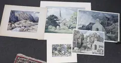 Six assorted watercolours by George Mackley, engraving, sold Jun 2022