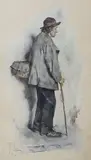 Study of a man holding a walking stick by Tito Lessi, watercolour, sold Jun 2022
