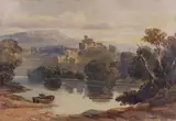 Castle in a landscape with boatman by John Varley, 1841, watercolour, sold Jun 2022