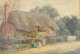 Figures beside a thatched cottage by Edith Martineau, watercolour, sold Jun 2022