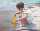 Boy with a toy sailing boat by Tony Sheath, oil on board, sold Jun 2022