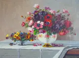 Still life of flowers on a table top by Karl Vukovic, oil on canvas, sold Jun 2022