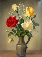 Roses in a pewter jug by James Noble, oil on canvas, sold Jun 2022