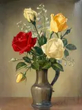Roses in a pewter jug by James Noble, oil on canvas, sold Jun 2022