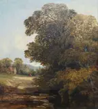 Travellers in a wooded landscape, a village beyond by Thomas Creswick, oil on canvas, sold Jun 2022