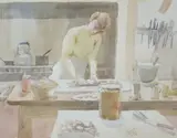 Woman baking in a kitchen by Beatrice Prudence Johnson, watercolour, sold Jun 2022