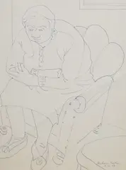 Old Mrs Perry by Barbara Tribe, 1958, ink, offered Jun 2022