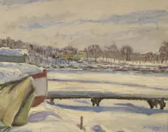 Winter landscape by David Friefeldt, 1951, oil on canvas, sold Jun 2022
