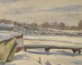 Winter landscape by David Friefeldt, 1951, oil on canvas, sold Jun 2022