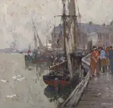 Fisherfolk along the wharf by Henri Cassiers, oil on card, sold Jun 2022