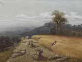 Harvesters in a landscape by Charles Henry Passey, oil on canvas, sold Jun 2022