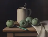 Still life of apples and a mug upon a table top by Christopher Cawthorne, oil on canvas, sold Jun 2022