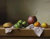 Still life of fruit and pots on a table top by Christopher Cawthorne, oil on canvas, sold Jun 2022