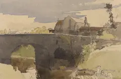 House and stone bridge by Charles Knight, pencil and watercolour, sold Jun 2022