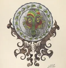 Animal mask design by Scottie Wilson, ink and watercolour on paper, sold Jun 2022