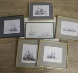 Fishing boats in a mediterranean harbour, Sabin Galleries label verso, 20 x 35cm and five assorted engravings of shipping after Cooke by Edward William Cooke, pencil, sold Jun 2022