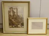 Lakeland Fells, initialled and dated 1849, 13 x 20cm and a hand coloured lithograph, 'The Fortress of the Alhambra by Charles West Cope, 1849, pencil, sold Jun 2022