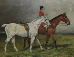 Huntsman leading named horses, Athelstone and Bartlemy by George Paice, oil on canvas, sold May 2022