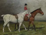 Huntsman leading named horses, Athelstone and Bartlemy by George Paice, oil on canvas, sold May 2022