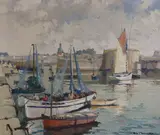 French harbour scene by Léo Pernes, oil on canvas, sold May 2022