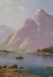 Rowing boat on a fjord by Niels Hans Christiansen, oil on canvas, sold May 2022