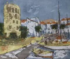Mediterranean harbour scene by Andre Bufi, ink and acrylic on canvas, offered May 2022
