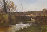 River and stone bridge in a landscape by Harry Hime, oil on canvas, sold May 2022