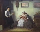 17th century interior with gentleman and maids by Janos Membling, oil on board, sold May 2022
