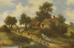Figures passing a watermill by Charles Vickers, oil on canvas, sold May 2022