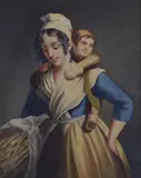 Harvest woman carrying a child, inscribed verso, 12 x 9cm by D. Lynch, watercolour, sold May 2022