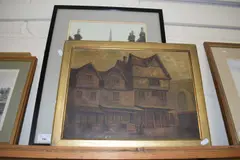 Oil on canvas study of timber framed buildings together with a further study of a by Mixed Lot, OIL ON CANVAS, sold Aug 2022