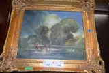 Cattle in a stream with woodland beyond by James Govier, oil on board, offered Aug 2022
