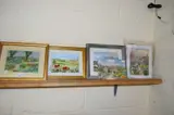 Five various needlework studies, garden, sea and rural scenes by Carol Pymer, watercolor, sold Aug 2022