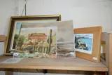 Linocut beach scene, further watercolours and an oil of a by Mixed Pictures To Include Colin Moore, LINOCUT, sold Aug 2022