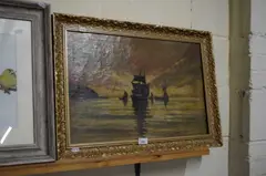 Shipping scene at sunrise, oil on canvas, gilt framed, 69cm wide by Kenneth W Luck, OIL ON CANVAS, sold Aug 2022