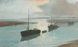 Moored boats at low tide by Marcus Ford, oil on canvas, sold Jul 2022